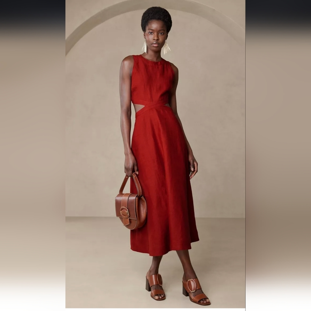 Lina Linen Cutout Midi Dress Banana Republic NWT